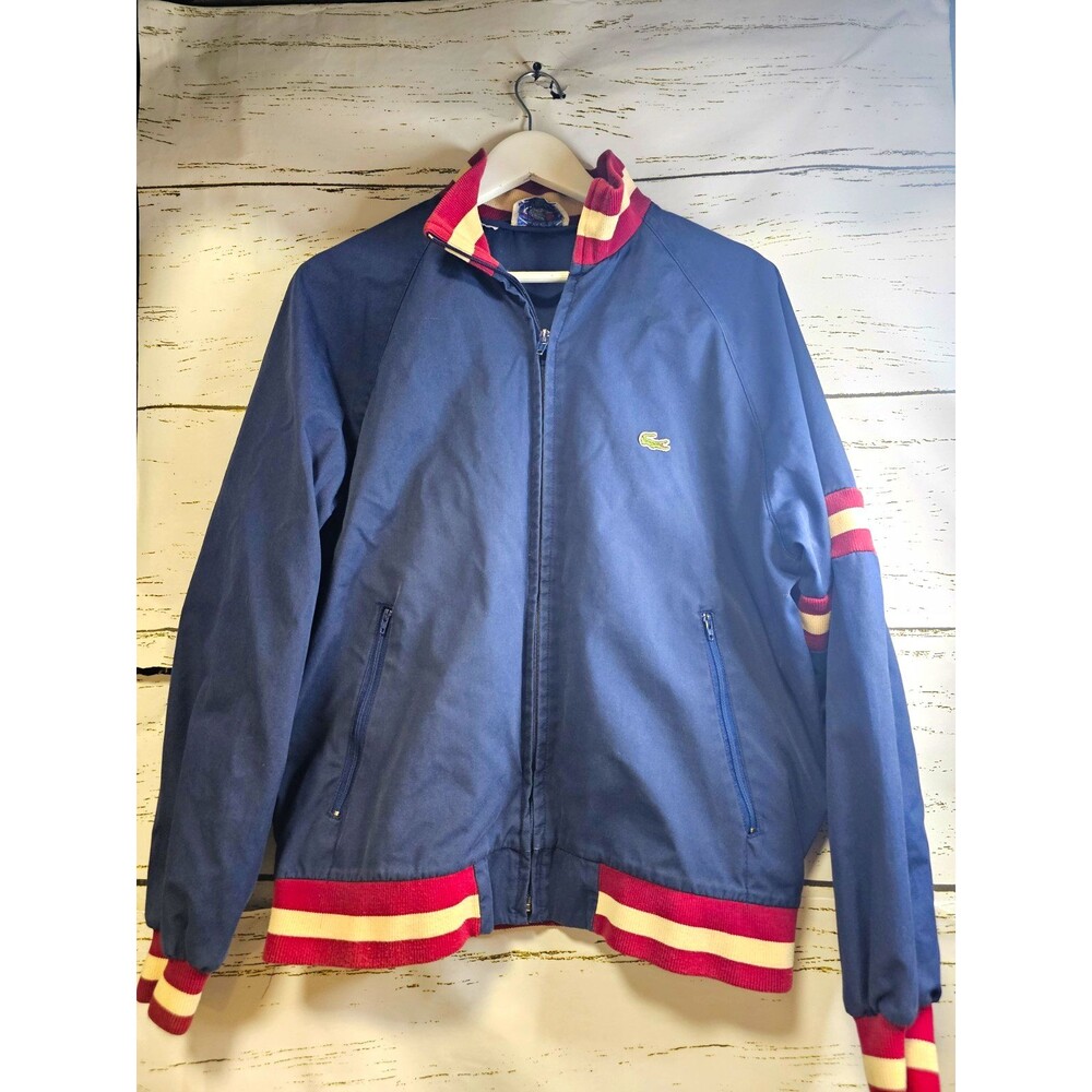 Vintage 80s Lacoste MOD Bomber Jacket XL Navy Striped Trim Croc Preppy